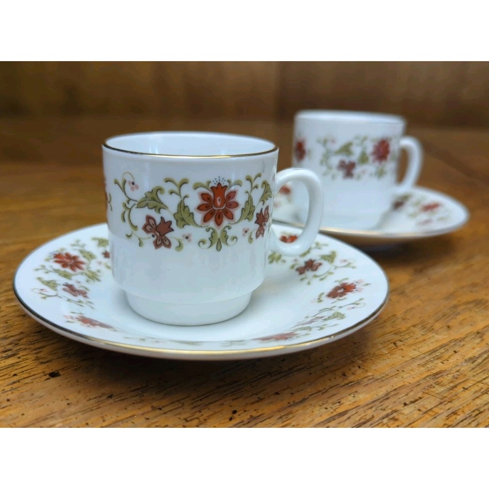 2 VINTAGE DEMITASSE "FINE PORCELAIN" TEA CUP & SAUCER SETS - FLOWERS & GOLD TRIM